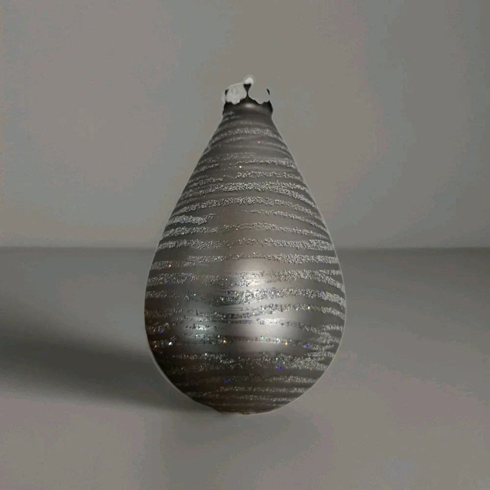 Large Vintage Silver Glitter Teardrop Christmas Ornament Striped Onion Shape